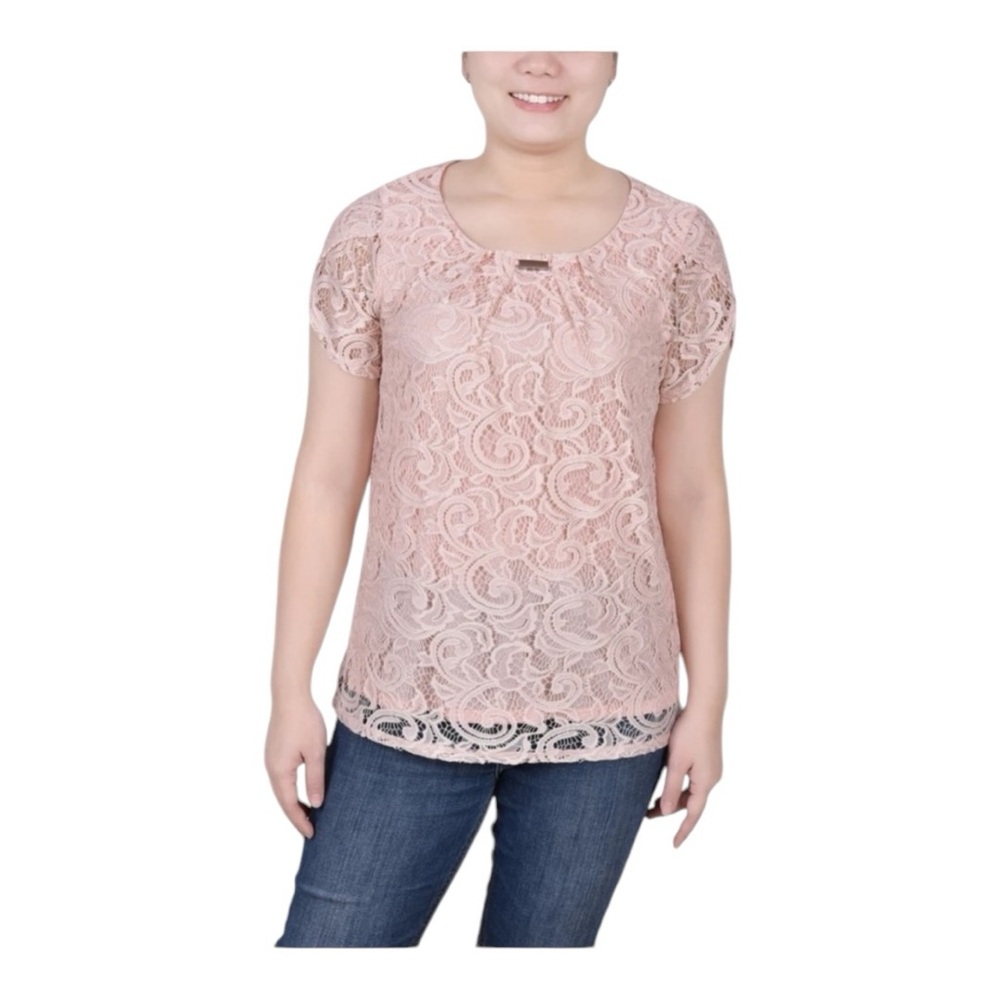 NY Collection Women's Size 1X Peach Floral Lace Top